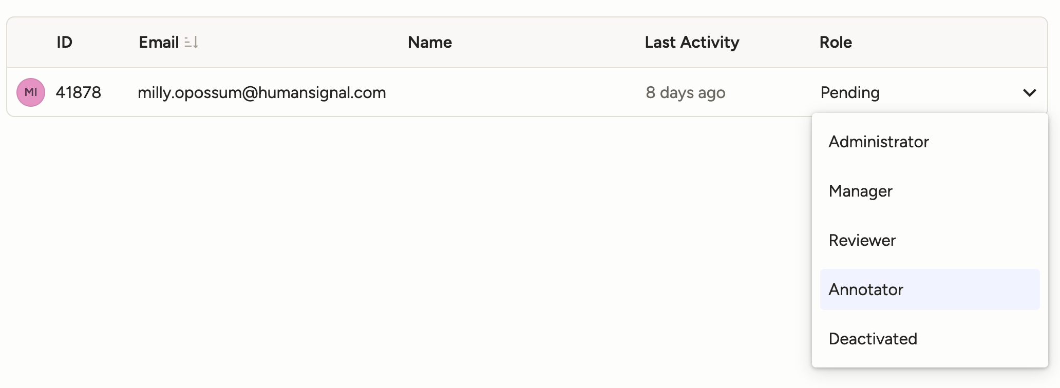 Screenshot of the role drop-down menu